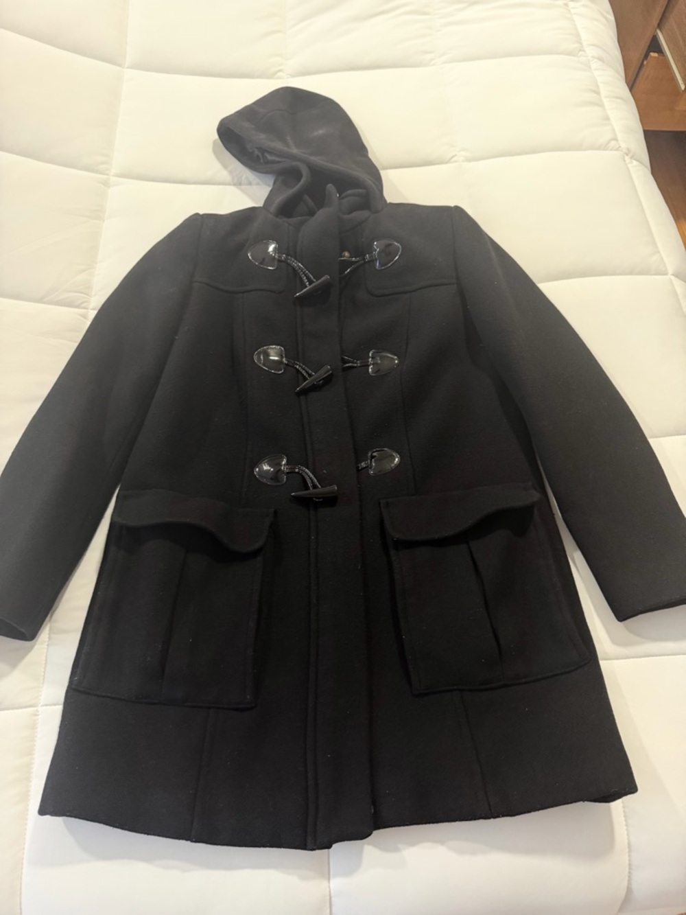 Classic Black Hooded Toggle Pea Coat